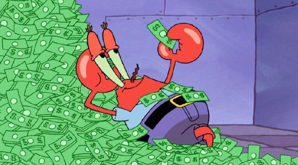 Picture of Mr. Krabs (SpongeBob) sitting in a pile of money 